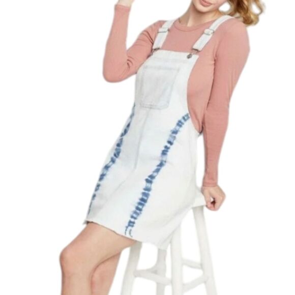 Wild Fable‎ Women's Tie Dye Denim Pinafore Mini Short Jean Dress Overalls Blue M - Picture 3 of 14